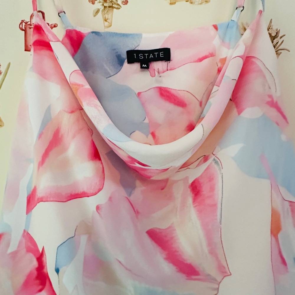 1.STATE Pink & Light Blue Watercolor Cowl Neck Camisole